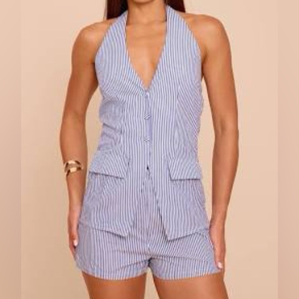 PrettyLittleThing Navy and White Striped Open Back Romper